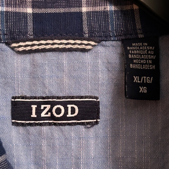 Men’s XL Izod Button Down Dark &Light Blue Plaid Shirt Dress Shirt Front Pocket - Picture 3 of 4